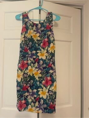 100% Silk Maggy London Tropical Floral Dress in Teal, Yellow, Purple, Pink